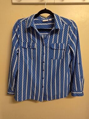 ​Kim Rogers PM Blue White Polka Dot Stripe Shirt Retro Preppy Grandmacore Office